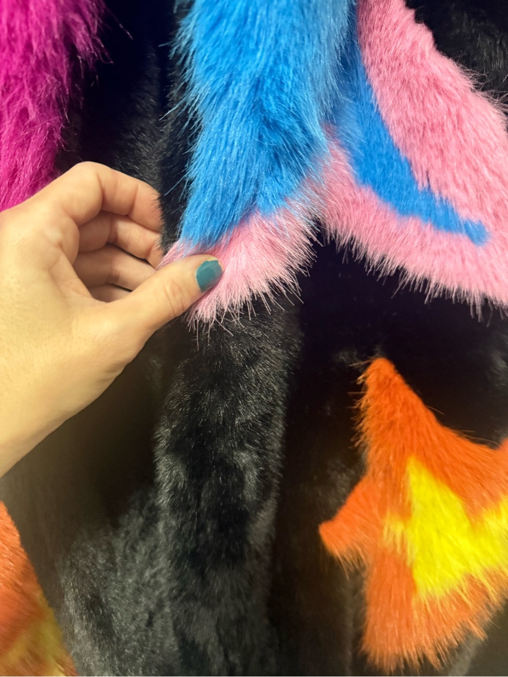 Black Faux Fur Coat with Neon Star & Stripe Patches. - Picture 2 of 9